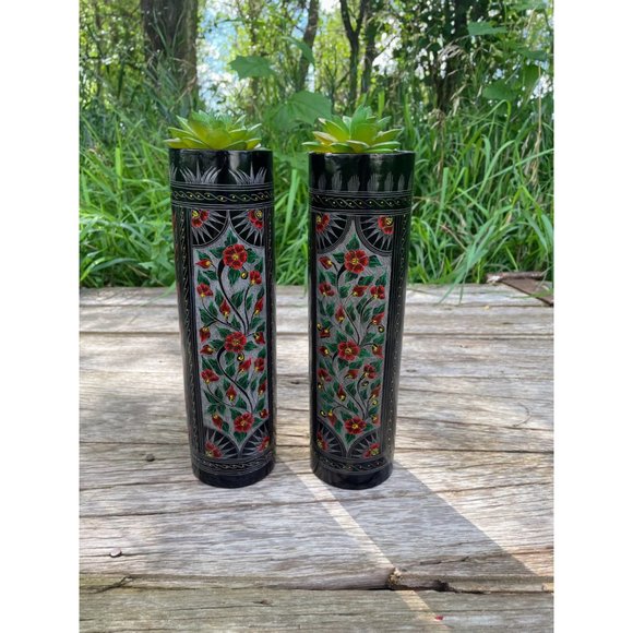 Vintage Pair Black Lacquer Wood Vases Red Etched Flowers 10" - Picture 5 of 16